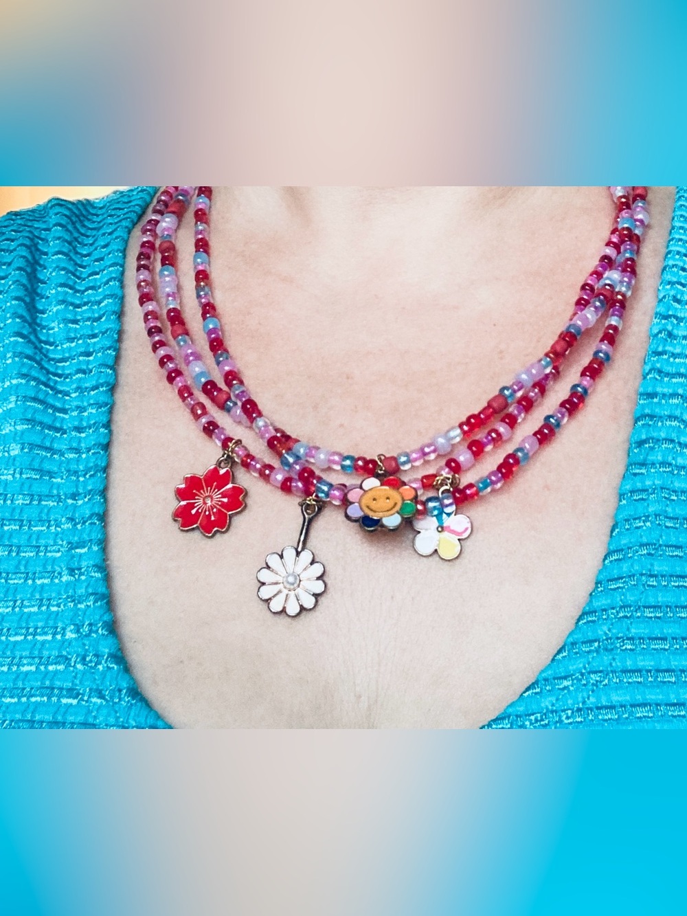 3 x Handmade Multi-Strand Pink Beaded Necklace with Flower Charms
